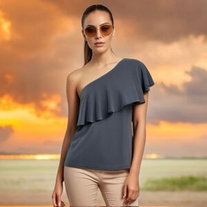 Women’s Top GREEN ENVELOPE Gray Ruffled One Shoulder Shirt Top Loose Fit Blouse